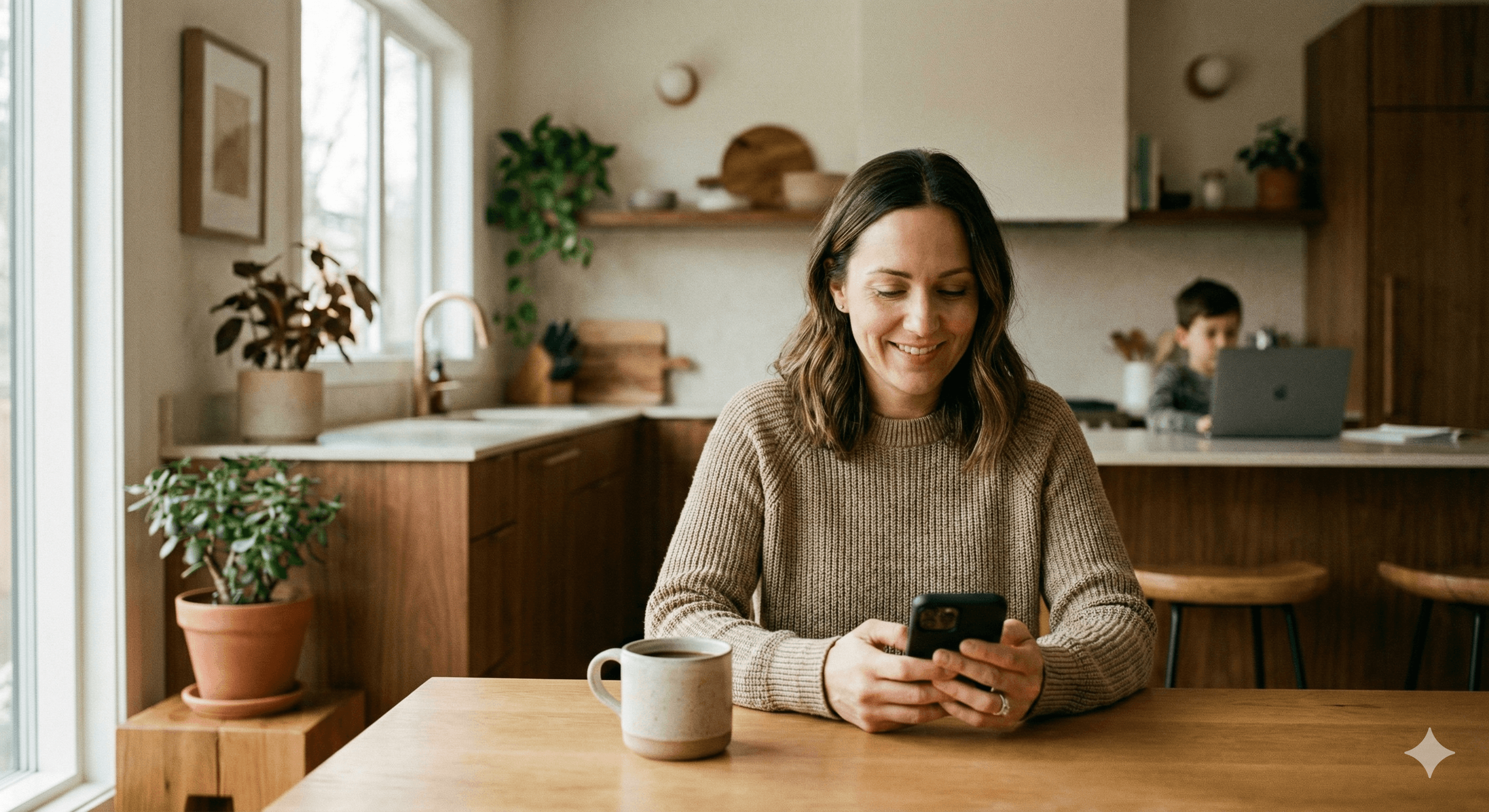 Parent checking phone while child uses laptop in background