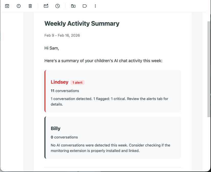 Sensible weekly summary email showing AI activity digest